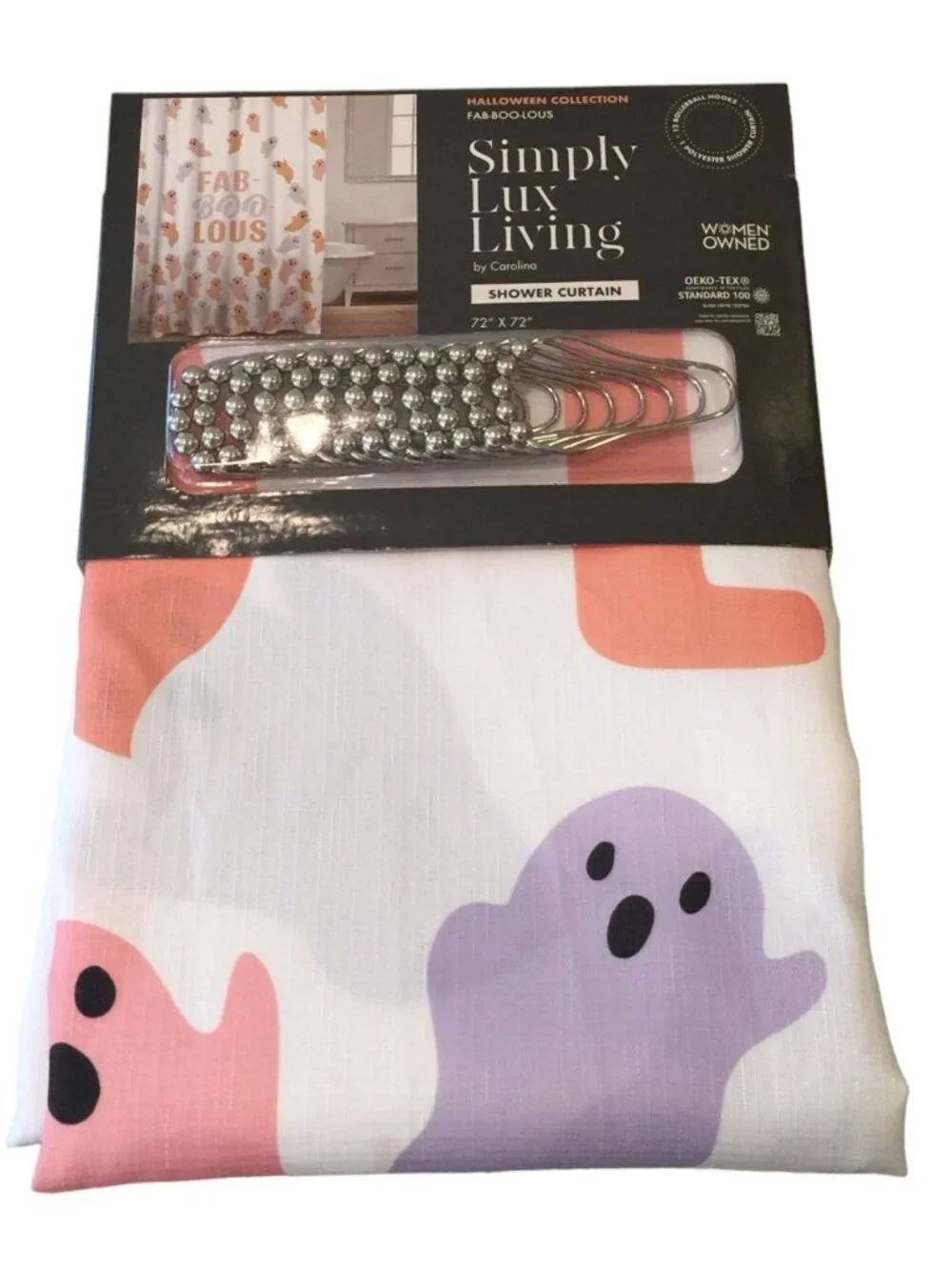 FAB BOO LOUS Pink Lilac Ghost Shower Curtain with Metal Hooks